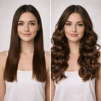 cheveux avant après d'une jeune femme aux cheveux lisse d'un côté et les cheveux bouclés de l'autre côté