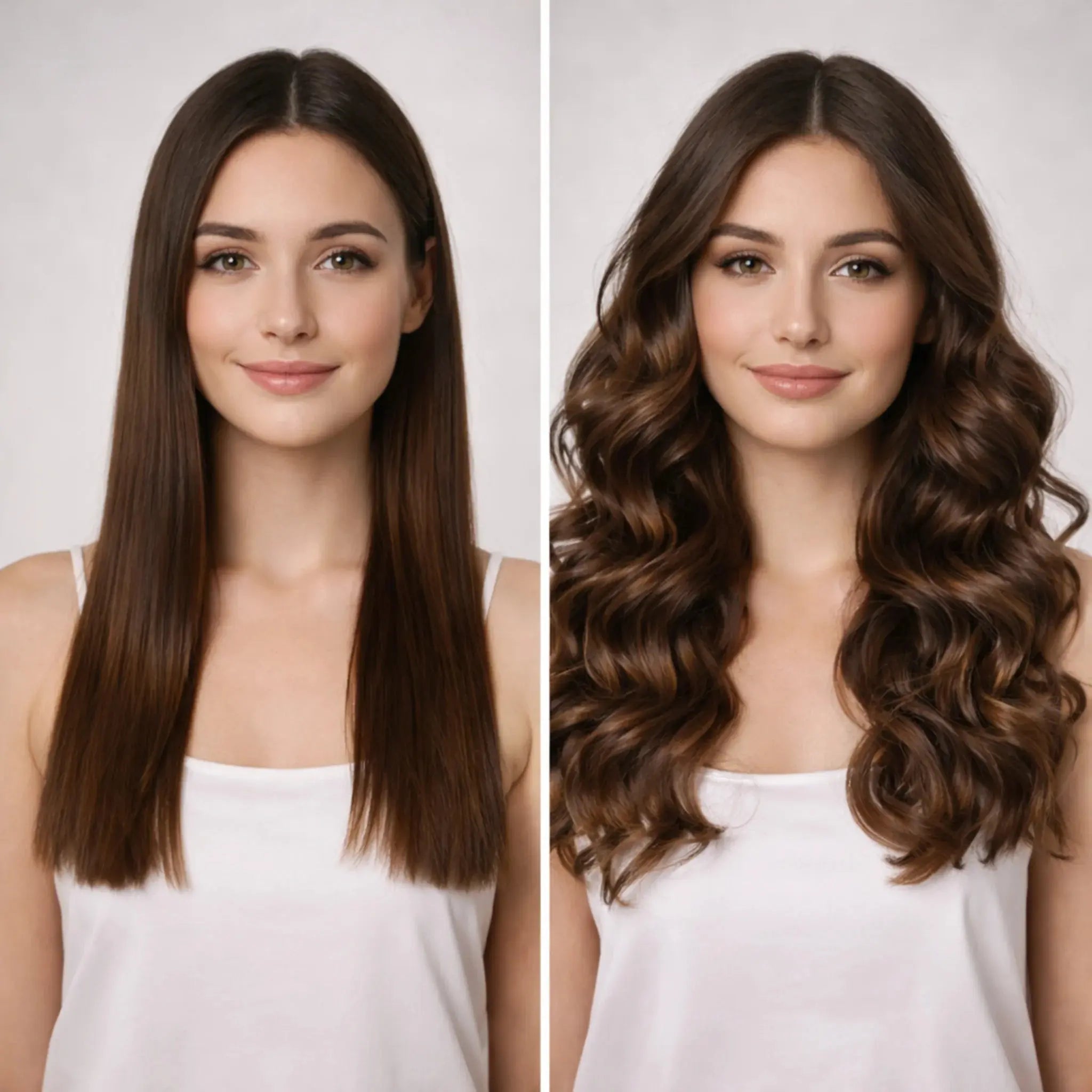 cheveux avant après d'une jeune femme aux cheveux lisse d'un côté et les cheveux bouclés de l'autre côté