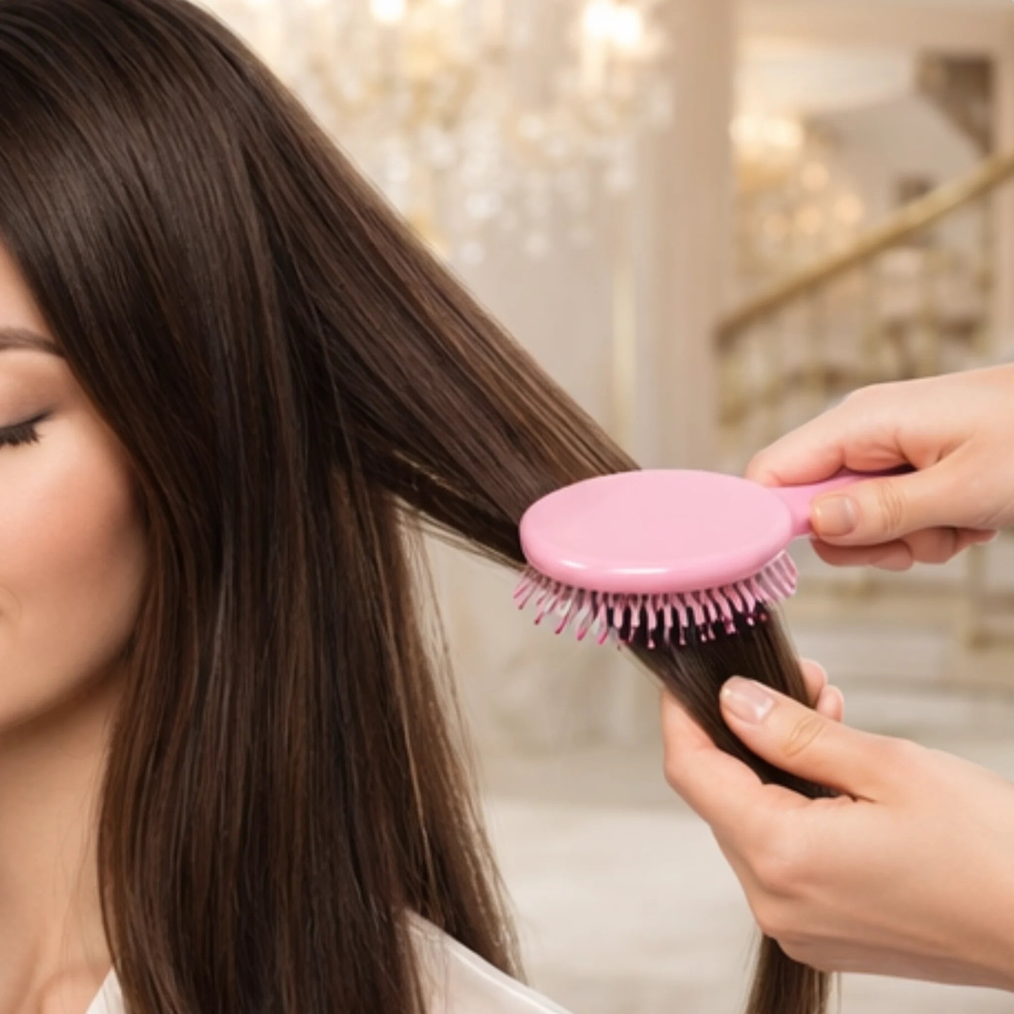 une jeune femme se fait brosser les cheveux avec une brosse rose